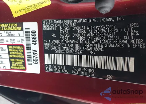 2013 Toyota Sienna Xle V6 8 Passenger from USA, damaged, VIN 5TDYK3DC7DS326237